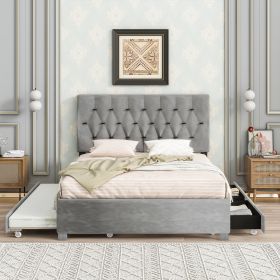 GRAY QUEEN SIZE TRUNDLE PULL OUT DRAWERS STORAGE UPHOLSTERED BED MODERN DESIGN NO BOX SPRING REQUIRED