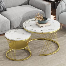 [VIDEO provided] ON-TREND ������27.5'' & ������17.7'' Nesting Coffee Table with Marble Grain Table Top, Golden Iron Frame Round Coffee Table, Set of 2