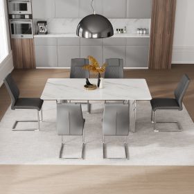 Table and chair set, modern and minimalist dining table. Imitation marble glass sticker desktop, stainless steel legs (Color: as Pic)