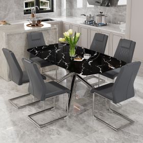 Table and chair set, large modern minimalist rectangular dining table, 0.39 "imitation marble tabletop and silver metal legs (Color: as Pic)