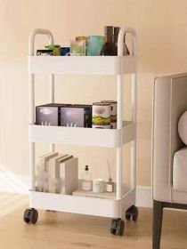 Portable 3Layer Storage Cart with Lockable Wheels Bathroom Laundry Living (Color: White, size: M)